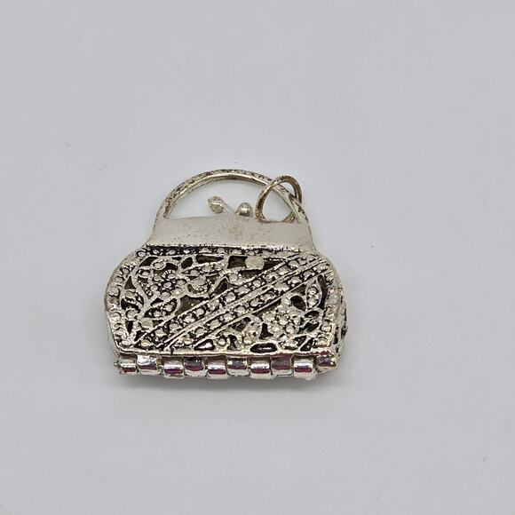 Vintage Purse Locket Charm Floral Filigree Silver-Tone Magnetic Open and Close - Picture 1 of 4